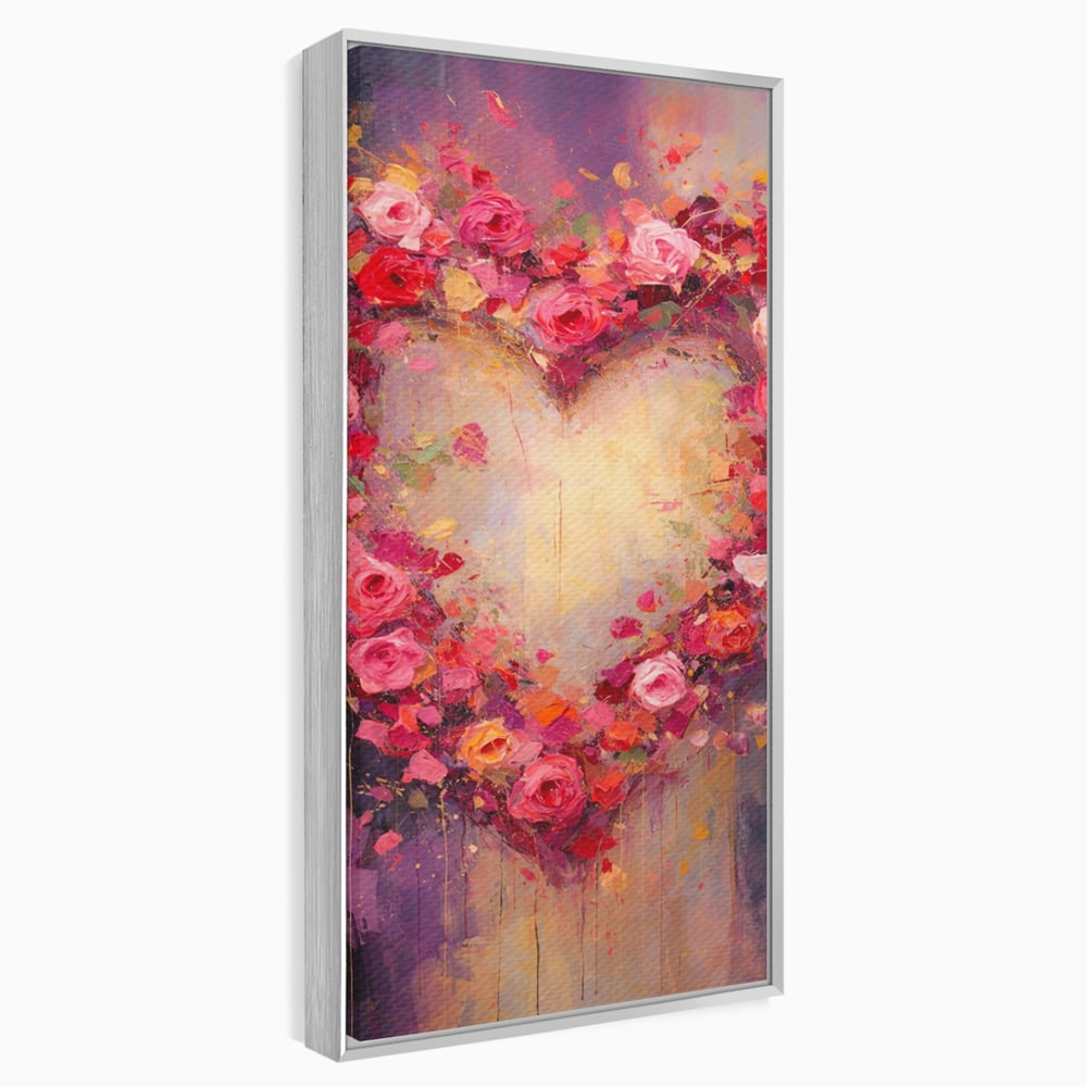 Tablou canvas cu tablou canvas cu inima din trandafiri, in rama de aluminiu argintiu